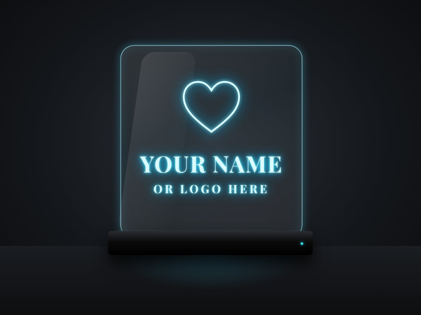 Clear acrylic LED sign on a black base, glowing blue with a heart and the words Your Name or Logo Here.